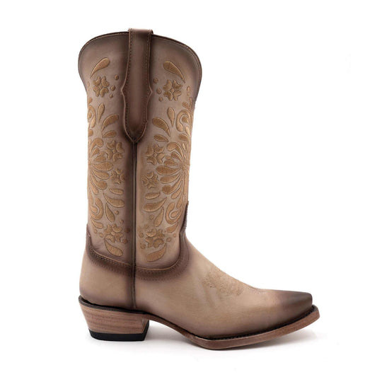 Ferrini Grace Leather Boots in tan leather with dark brown trim and floral stitching on tall shafts and snip toes