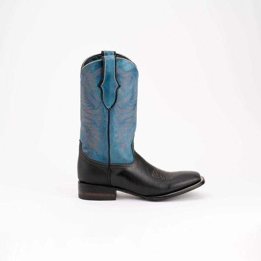 Ferrini Gunner Leather Boots in black leather with blue patterned shafts, square toes, pull tabs, and low block heels