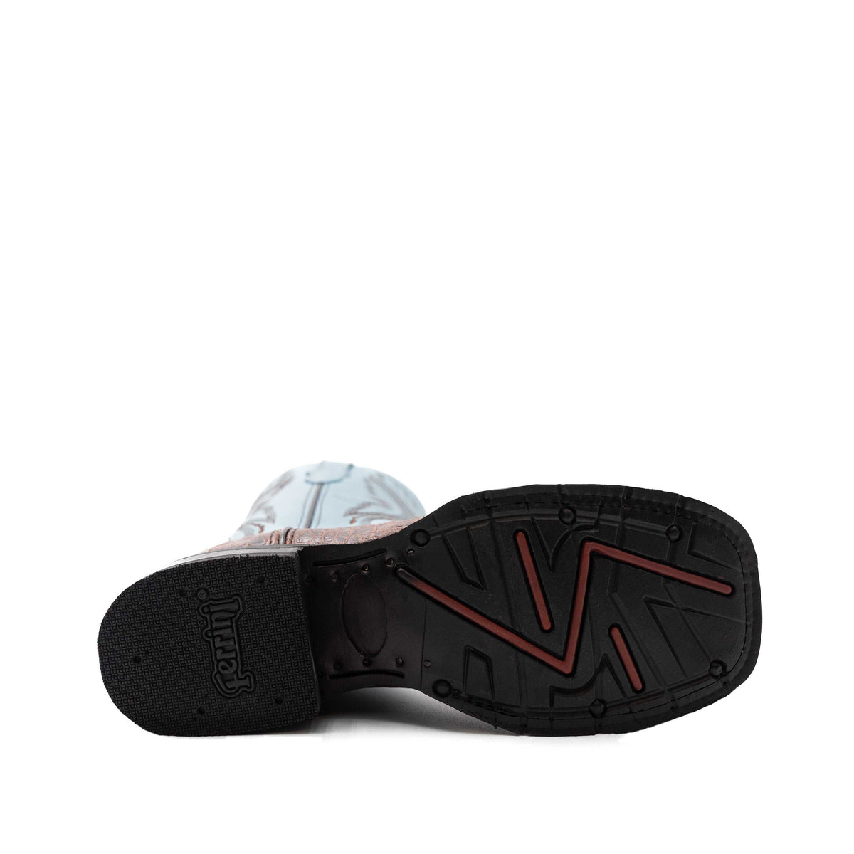 Ferrini Kai Sea Turtle women's boot with a black rubber outsole and red geometric tread accents.