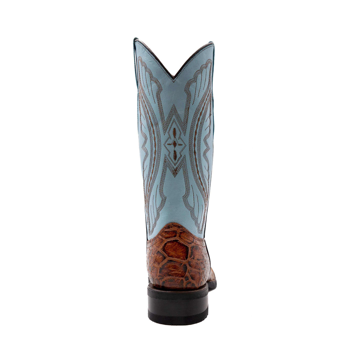 Ferrini Kai Sea Turtle cowboy boot in brown patterned sea turtle print leather with a pale blue embroidered shaft and square toe