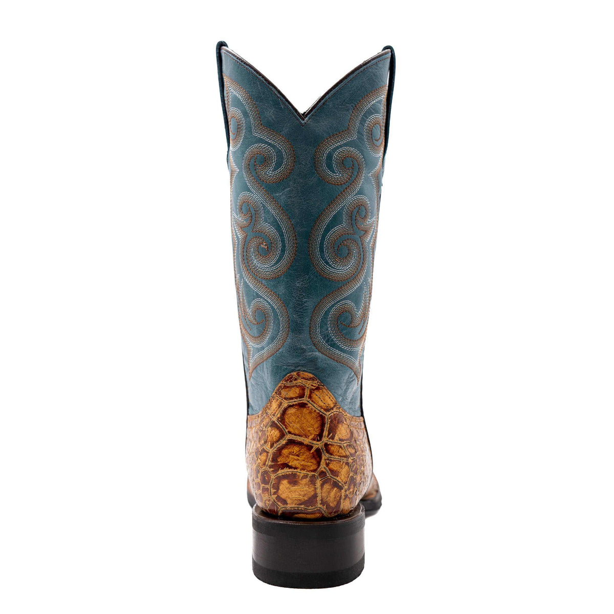 Ferrini Kai Sea Turtle PRINT Boots in blue leather with swirling stitchwork and a brown turtle-shell print heel panel.