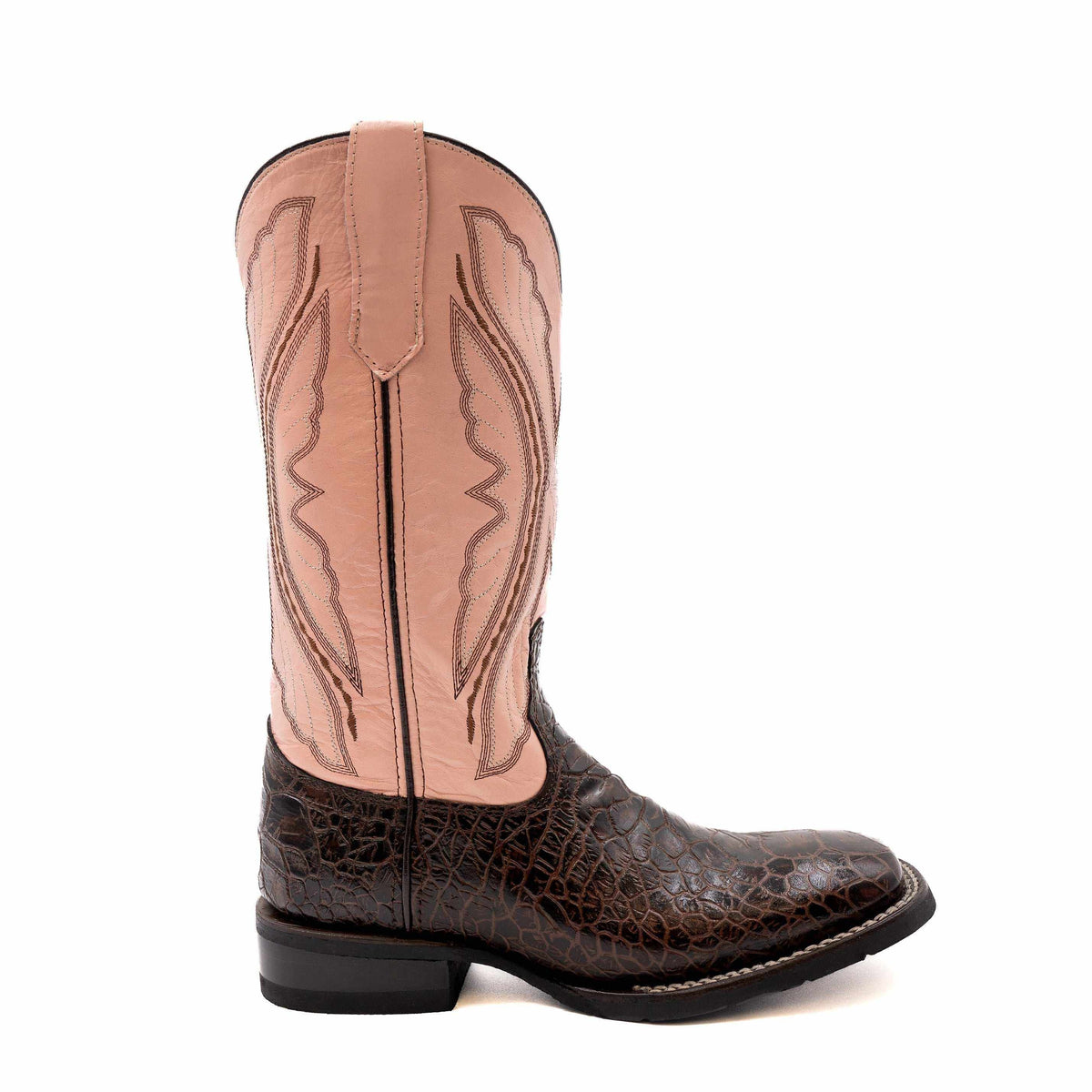 Ferrini Kai Sea Turtle PRINT Boots in dark chocolate with reptile-print vamp, pink shaft, stitched detailing and square toe