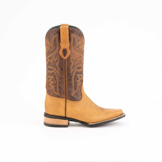 Ferrini Kingston Leather Boots in tan leather with a dark brown embroidered shaft, pull tab and narrow square toe