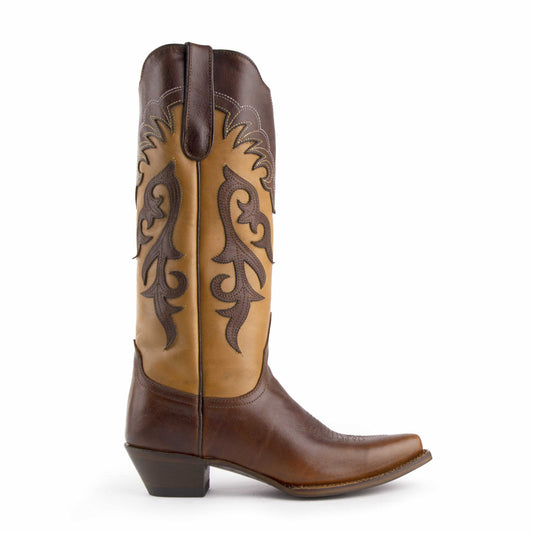 Ferrini Legend Leather Boots in brown full-grain leather with a tall shaft, ornate stitched panels and snipped toe