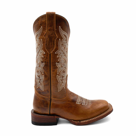 Ferrini Mae Leather Boots in brown leather with embroidered shaft panels, stitched square toe and low block heel