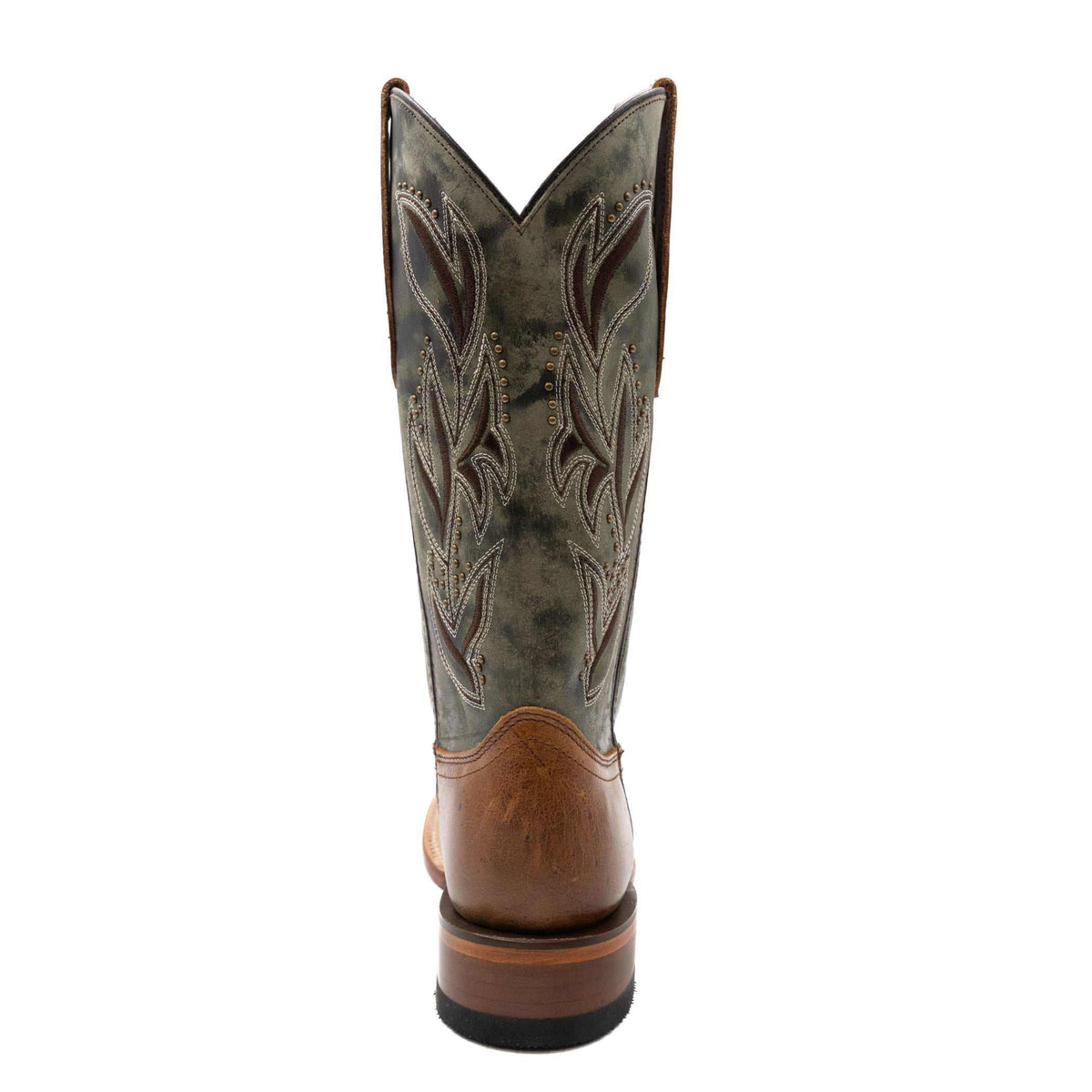 Ferrini Maggie Leather Boots in brown leather with dark shaft, ornate stitched embroidery, and a stacked block heel