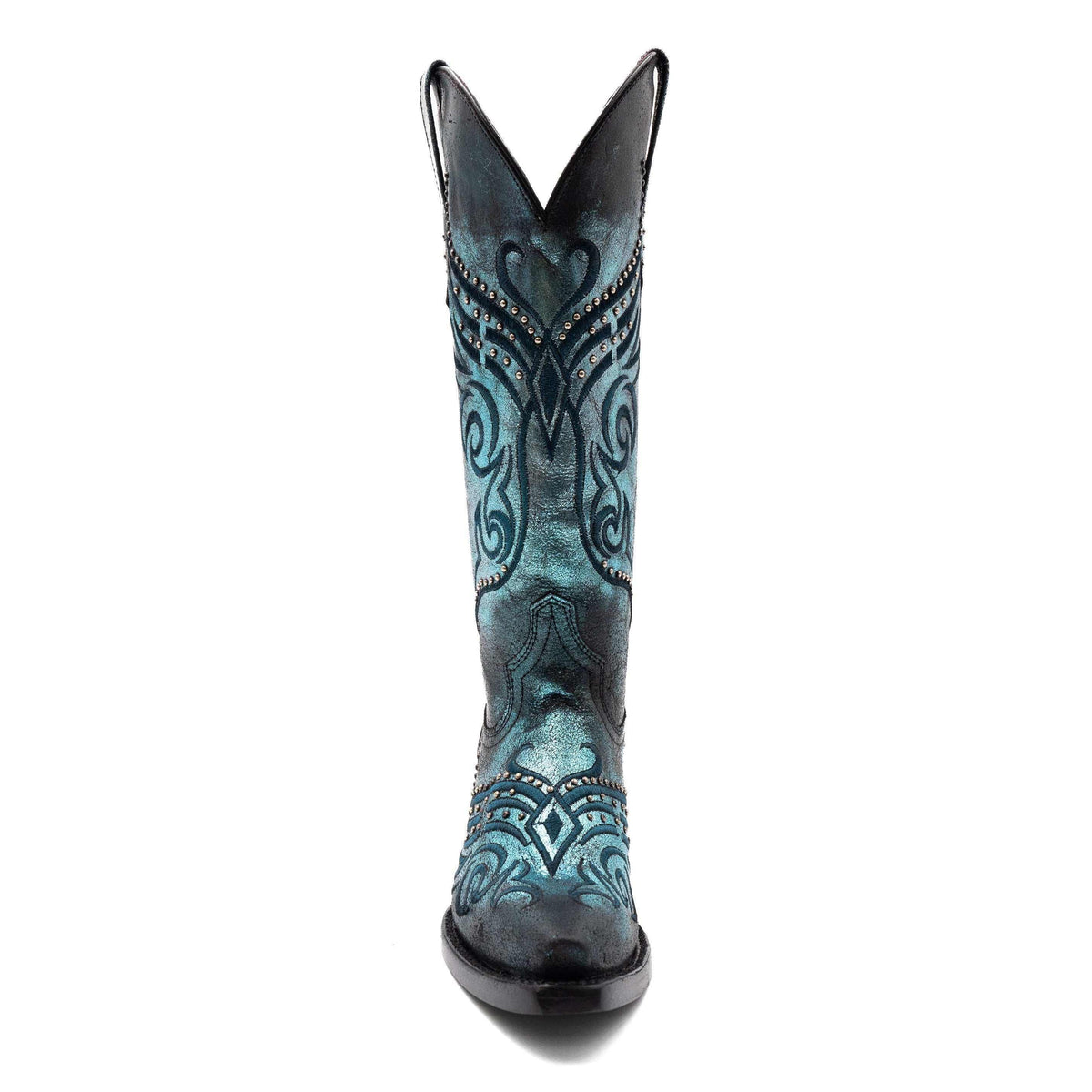 Ferrini Masquerade Leather Boots in blue leather with ornate dark scrollwork, heart motifs and a snip toe