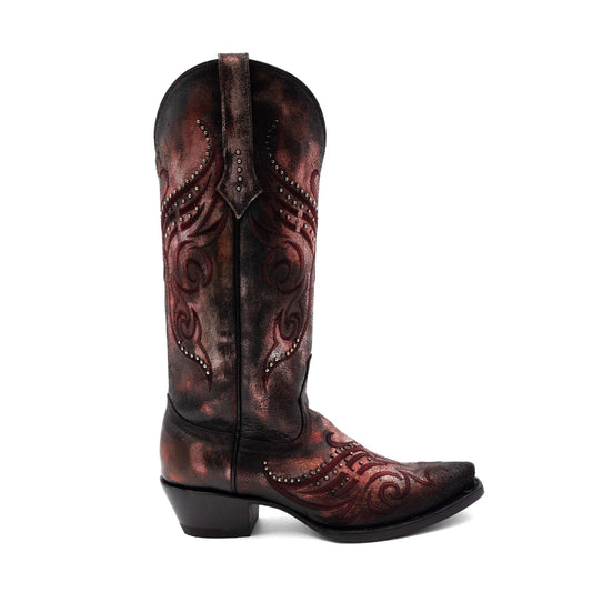 Ferrini Masquerade Leather Boots in distressed red leather, with ornate stitched scrollwork, stud accents and a snip toe