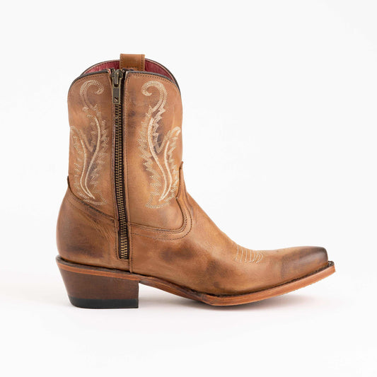 Ferrini Molly Leather Booties in brown leather with cream embroidered shaft, side zipper, and low stacked heel