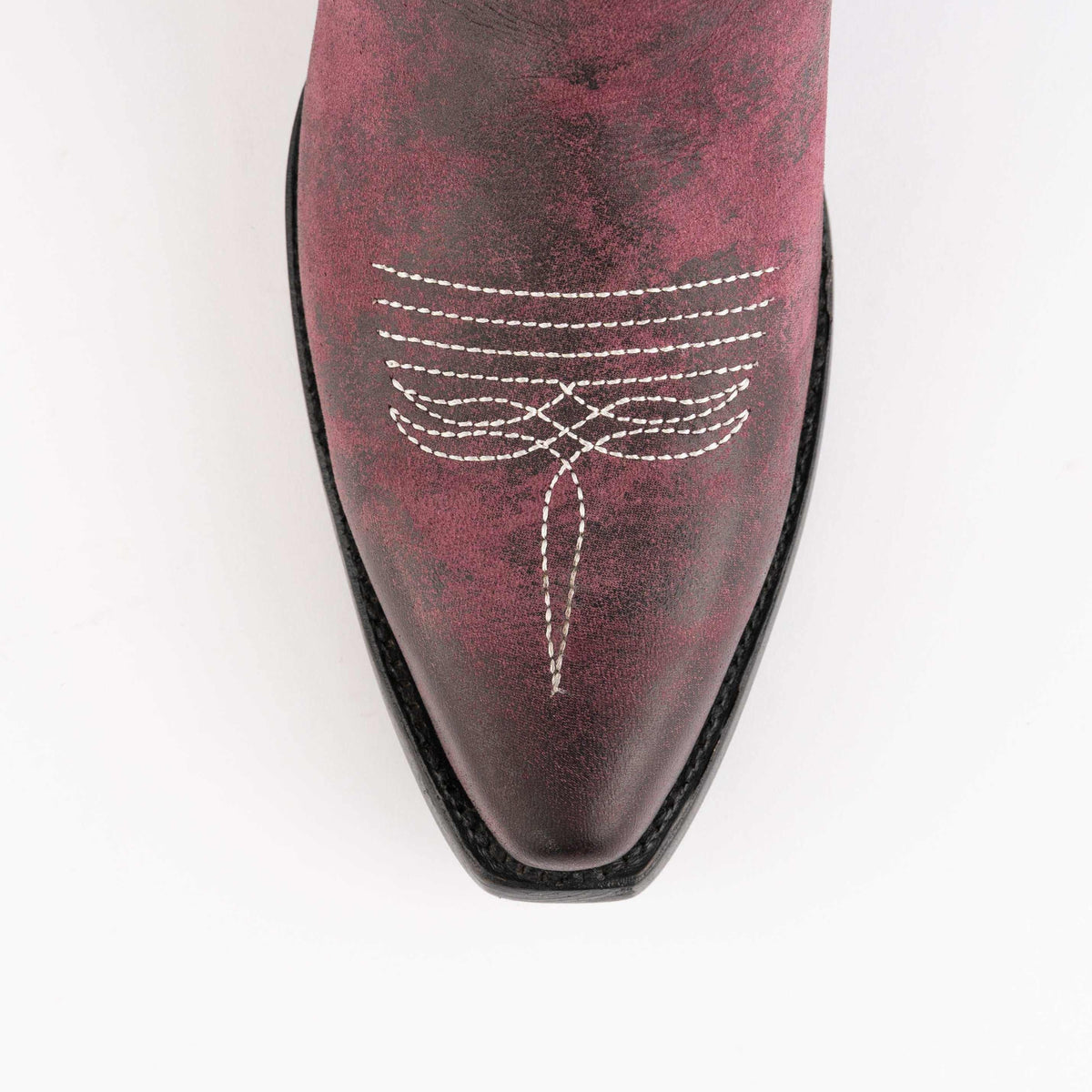 Ferrini Molly Leather Booties in distressed burgundy leather with white decorative stitching and a pointed toe