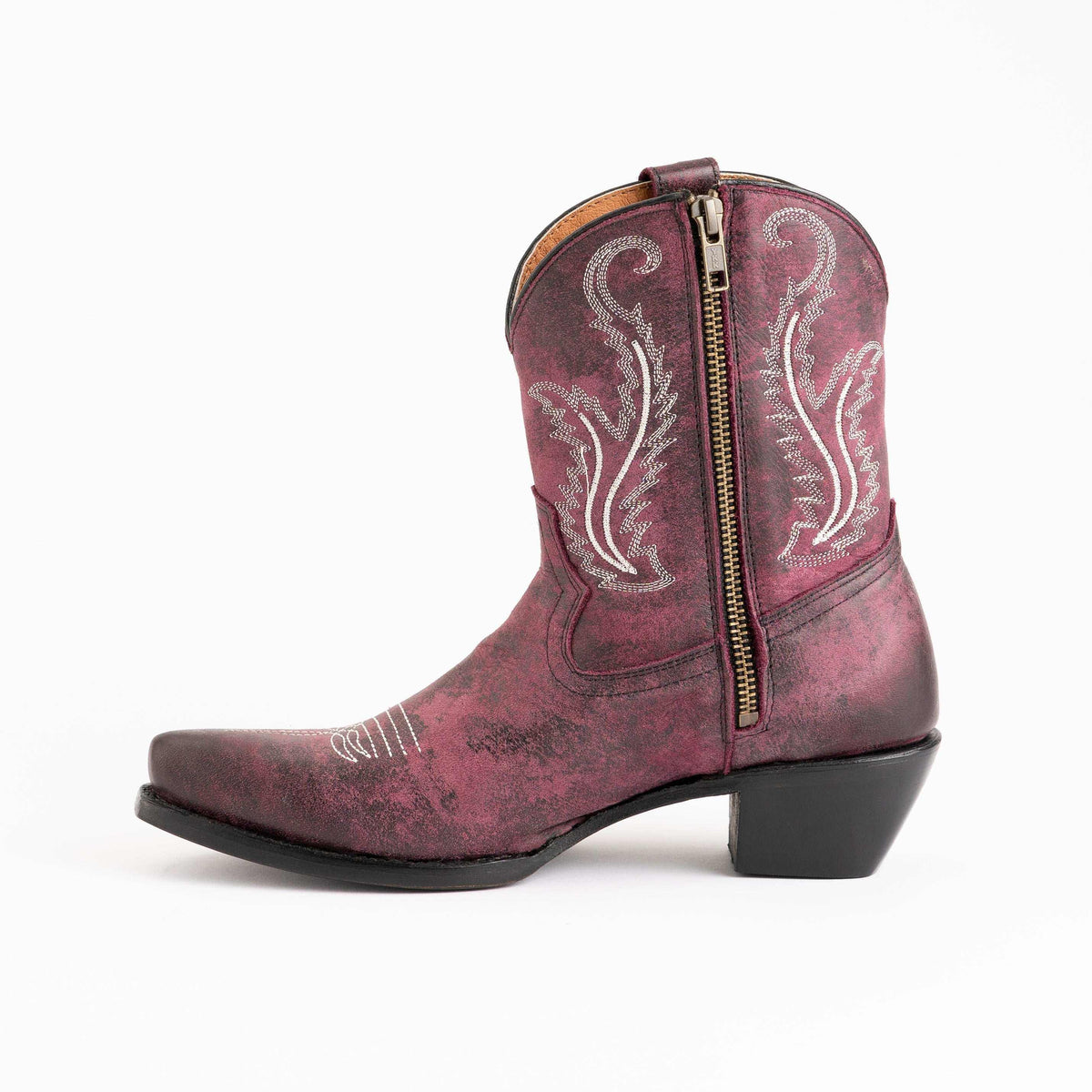 Ferrini Molly Leather Booties in distressed purple leather with cream scroll embroidery, side zipper and low block heel