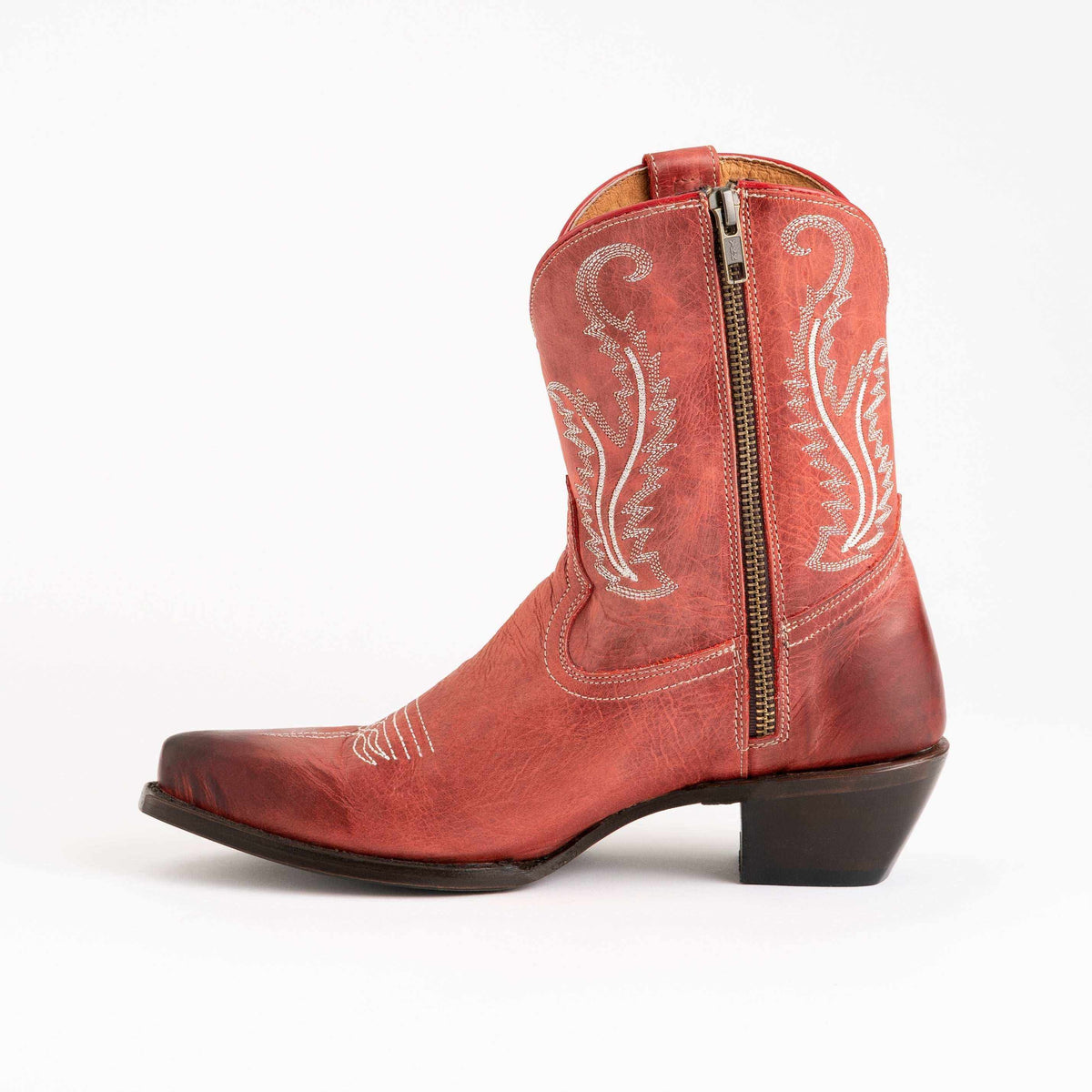 Ferrini Molly Leather Booties in red leather with white embroidered scrollwork, pointed toe, side zipper and stacked heel