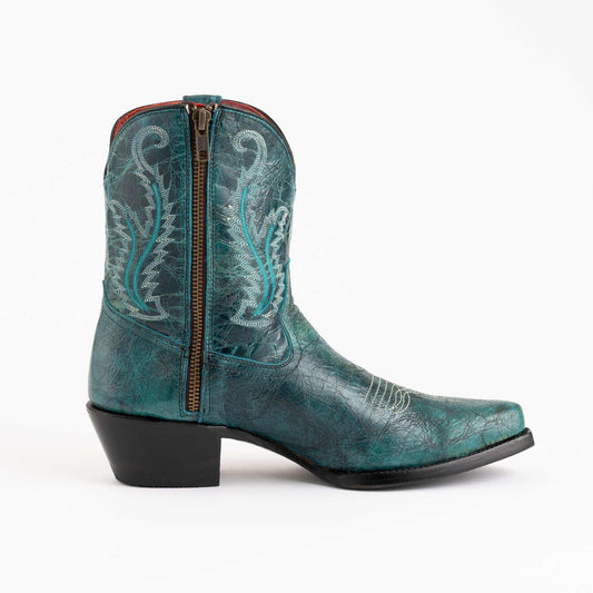Ferrini Molly Leather Booties in distressed teal leather with ornate stitched shaft, side zipper, pointed toe and black heel