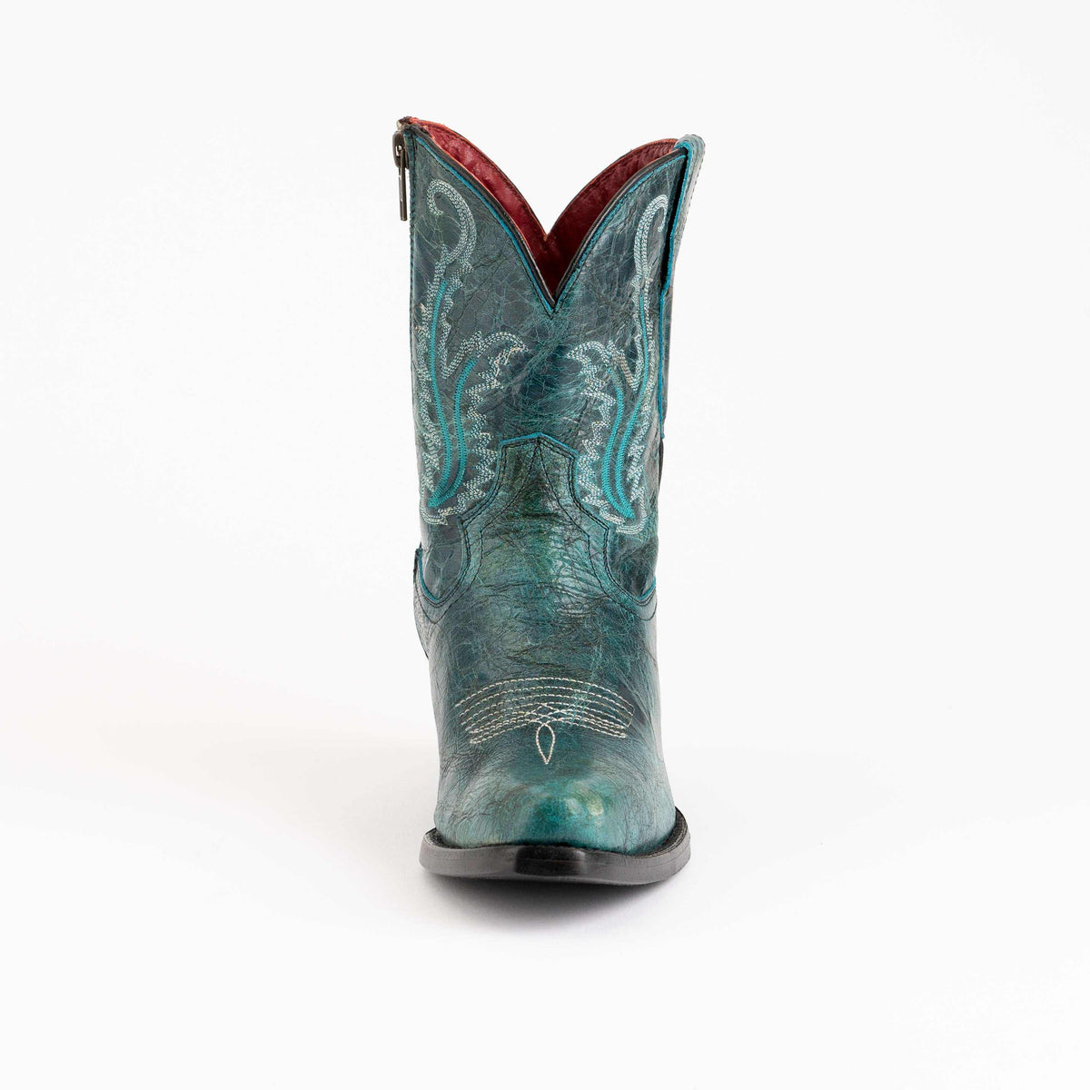 Ferrini Molly Leather Booties in teal leather with intricate western stitching, pointed embroidered shaft and round toe