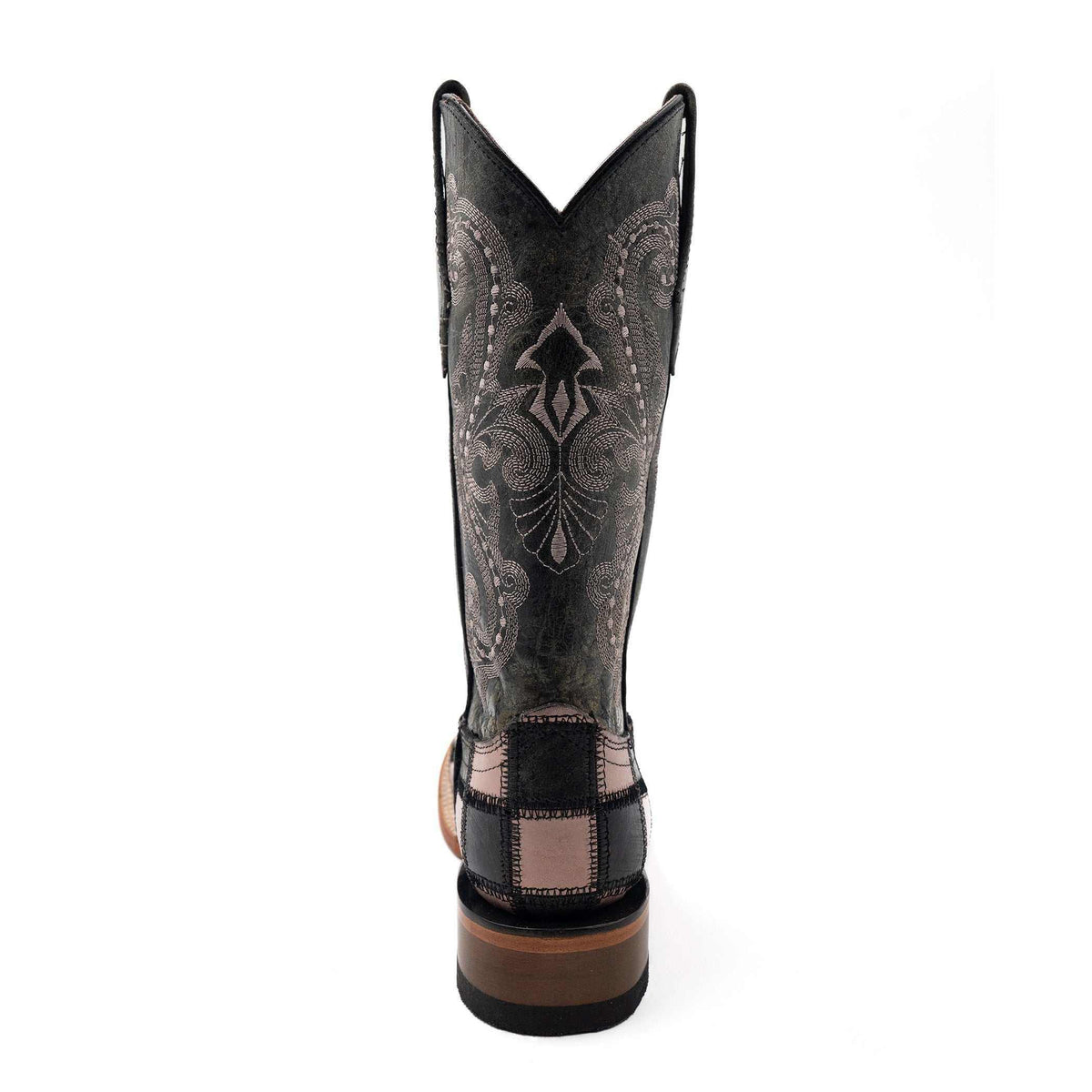 Ferrini Patchwork Leather Boots in black and pink leather, featuring an ornate stitched shaft and patchwork heel panels