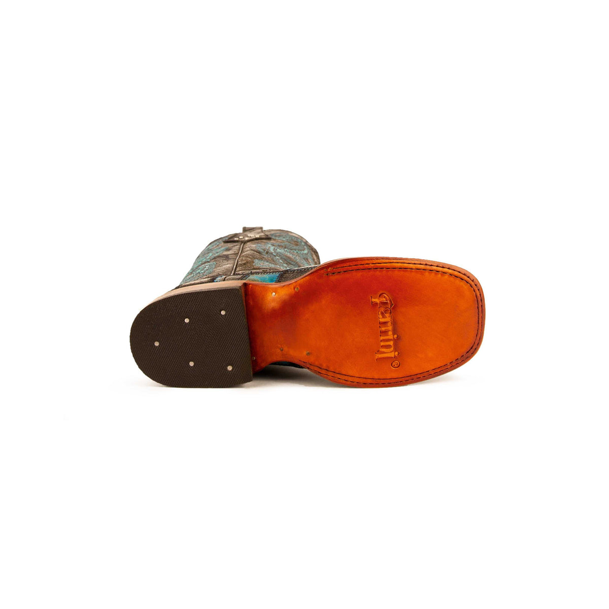Ferrini Patchwork Leather Boots with a turquoise and brown patterned shaft, brown leather sole and square heel.