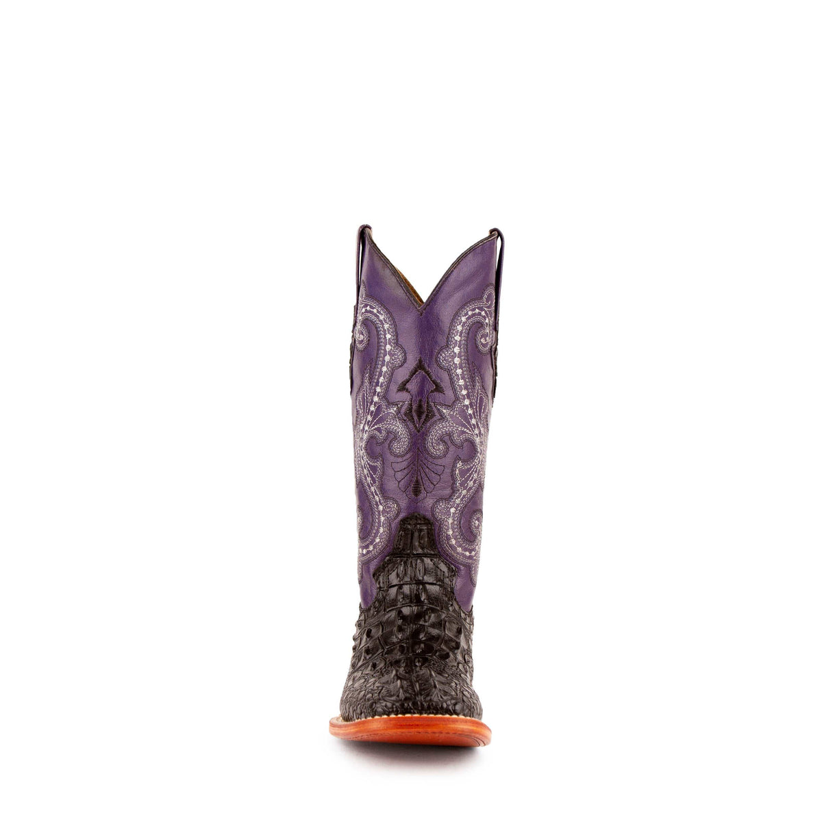 Ferrini Rancher Caiman Print Boots with dark textured caiman-print vamp, purple embroidered shaft and orange sole