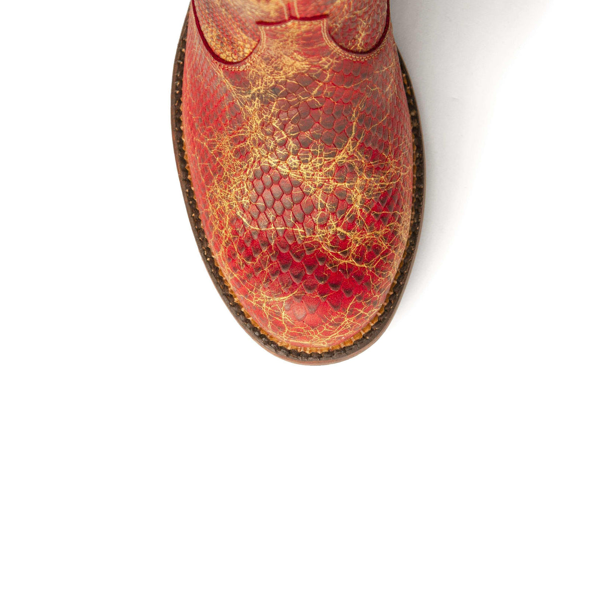 Ferrini Rebel Python Print Boots with a red and gold embossed snake-scale vamp and dark leather edging