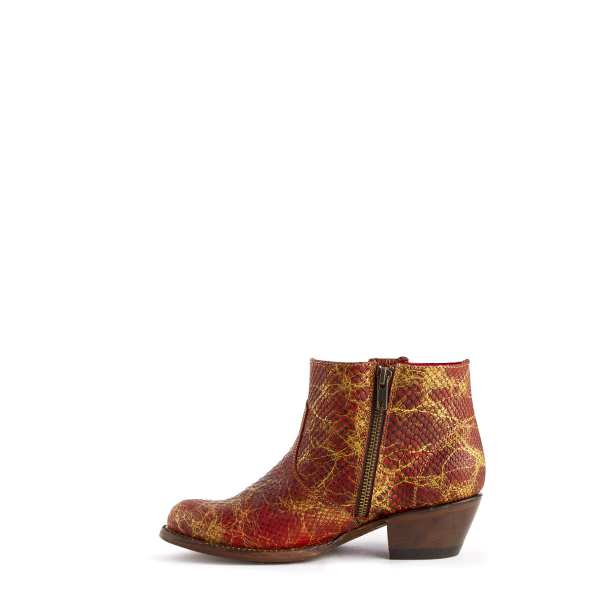 Ferrini Rebel Python Print Boots in red and gold snake-patterned leather, with a side zipper and low stacked heel
