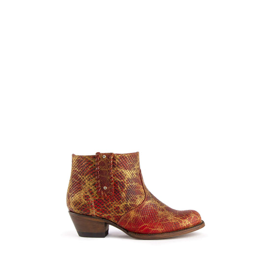 Ferrini Rebel Python Print Boots in red and gold textured snake-print leather with an ankle-height shaft and low block heel