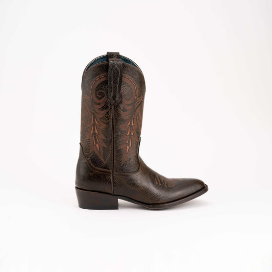 Ferrini Remington Leather Boots in dark chocolate leather with brown decorative stitching, tall shaft and round toe