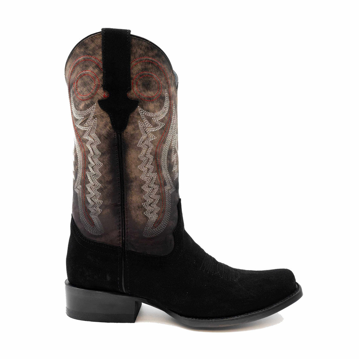 Ferrini Roughrider Leather Boots in black leather with a narrow square toe and ornate gray and red stitched shaft