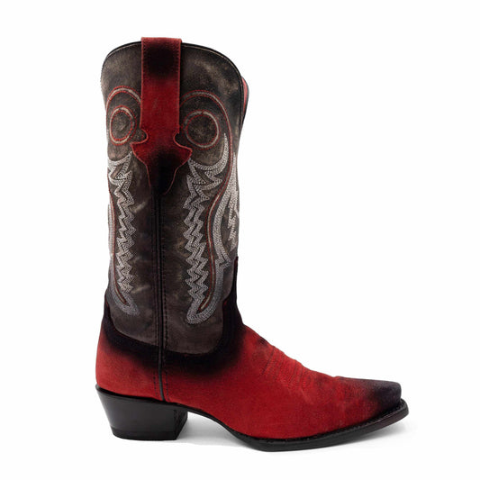 Ferrini Roughrider Leather Boots in red and dark leather, featuring a snip toe and ornate embroidered shaft