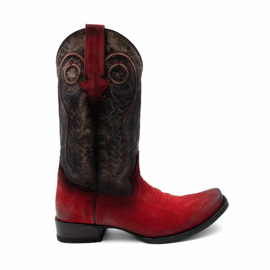 Ferrini Roughrider Leather Boots in red leather with a dark embroidered shaft, pull tab and square toe