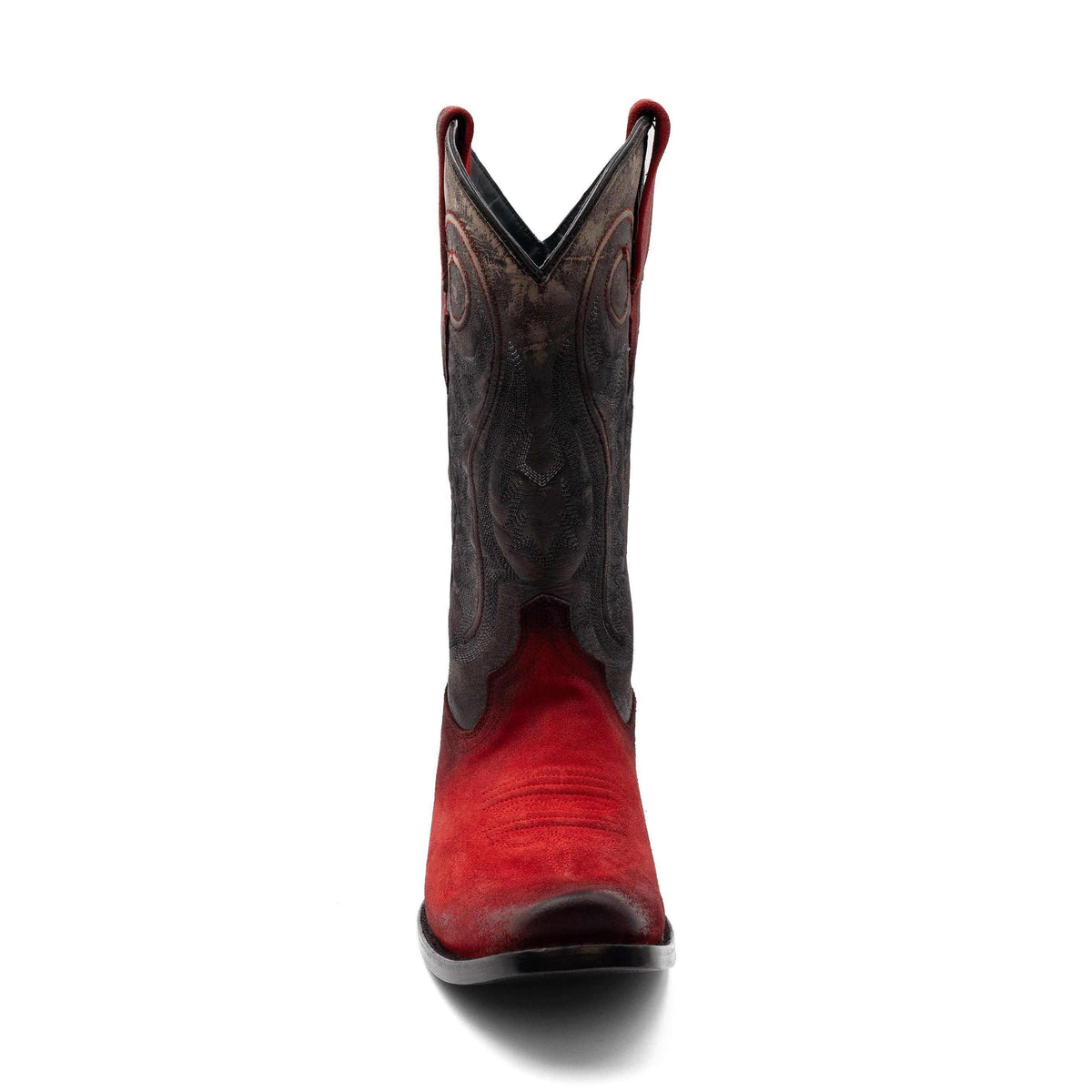 Ferrini Roughrider Leather Boots in red and dark brown leather, with ornate stitched shaft and narrow square toe