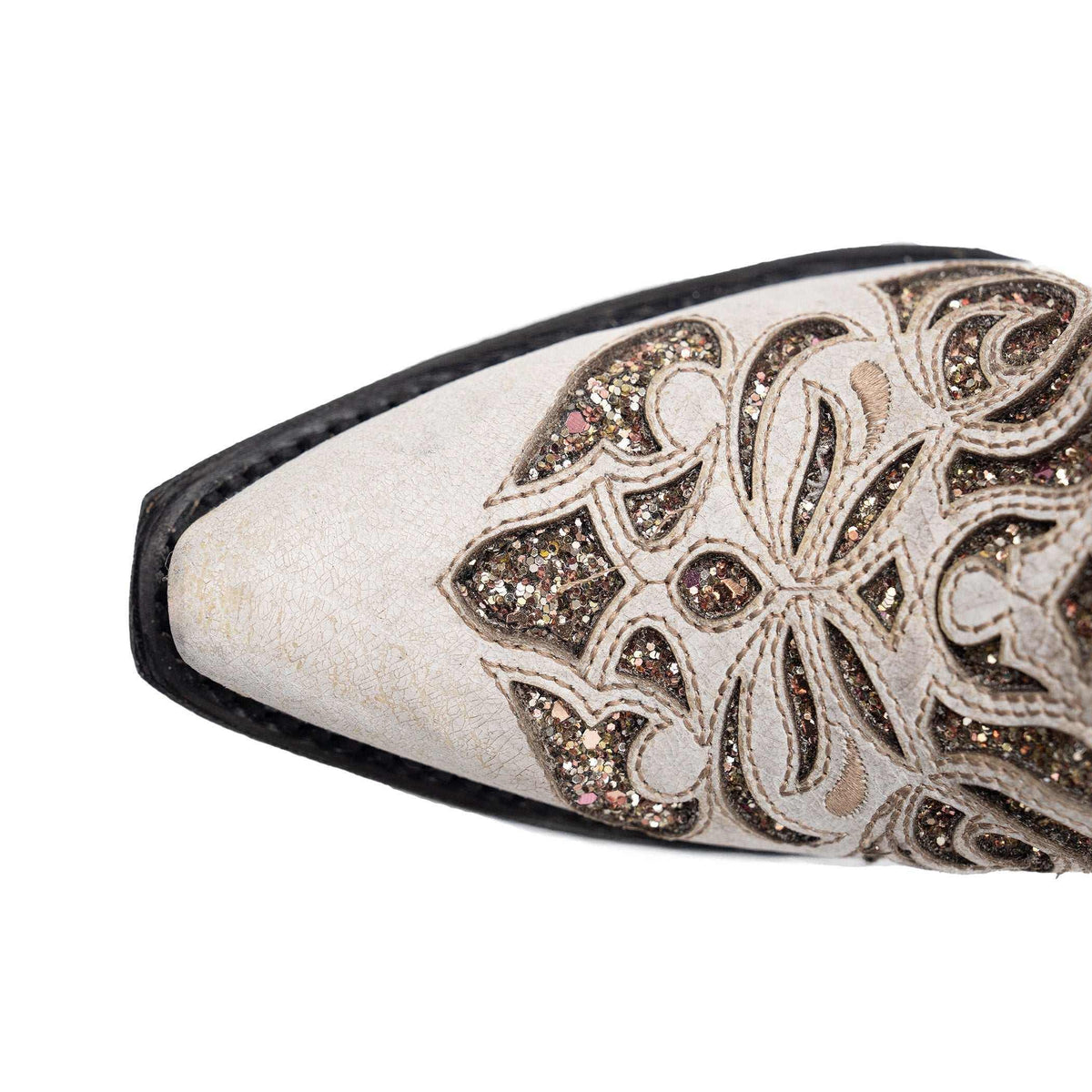Ferrini Sasha Leather Boots with an ivory snip toe, black edging, and ornate brown glitter floral embroidery
