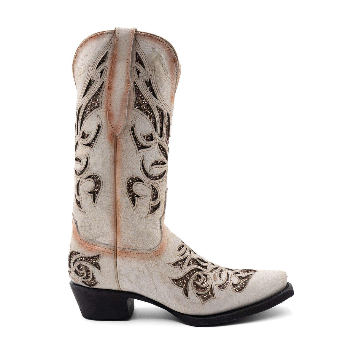 Ferrini Sasha Leather Boots in pale vintage leather with dark ornate embroidery, tall shafts and snip toes