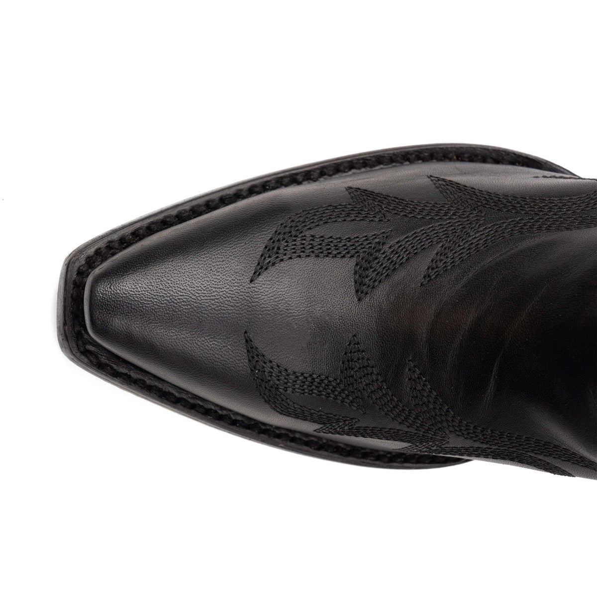 Ferrini Scarlett Leather Boots in black full-grain leather, showing a snip toe and decorative stitched pattern