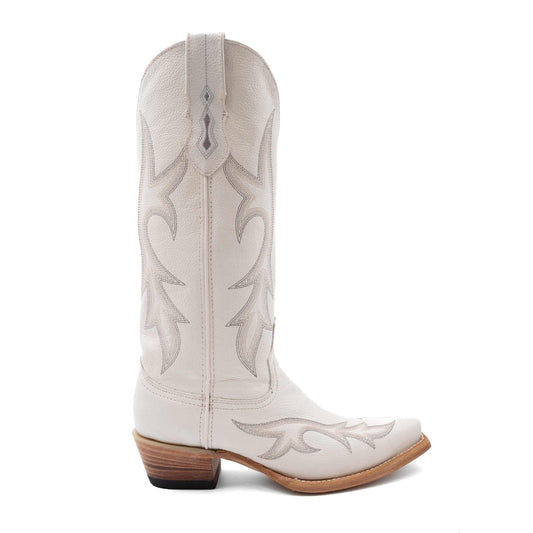 Ferrini Scarlett Leather Boots in white leather with stitched Western scrollwork, snip toe and stacked heel