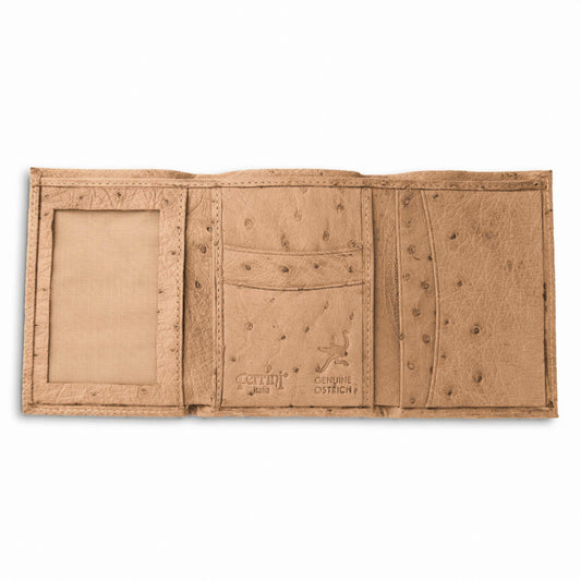Ferrini Smooth Ostrich trifold wallet in tan leather, opened to show textured ostrich quill pattern, card slots and ID window