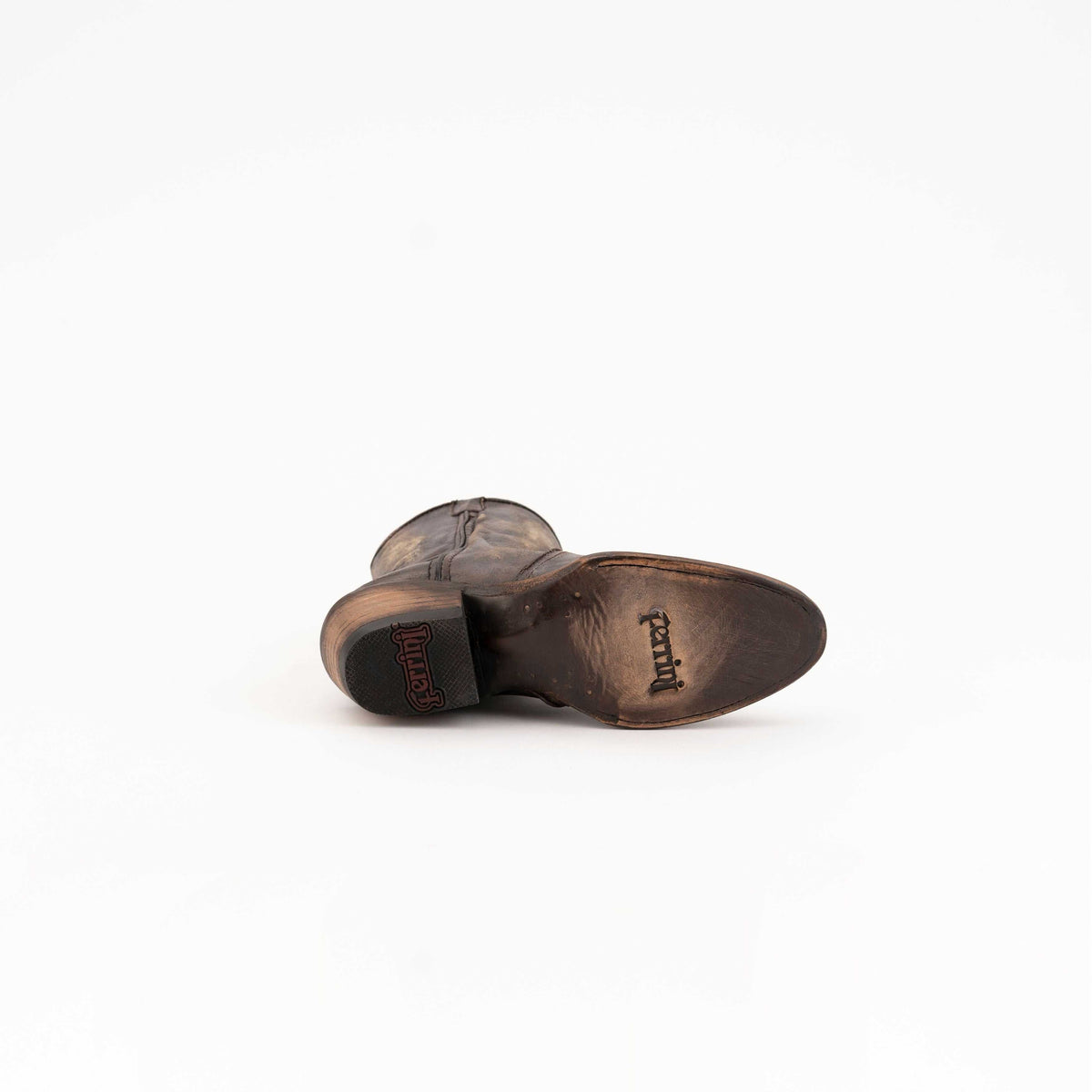 Ferrini Stacey Leather ankle boots in distressed chocolate brown, with a handcrafted leather sole and branded heel