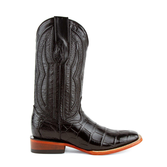 Ferrini Stallion Alligator Belly Boots in glossy black alligator leather, featuring a square toe, stitched shaft and orange-edged sole.