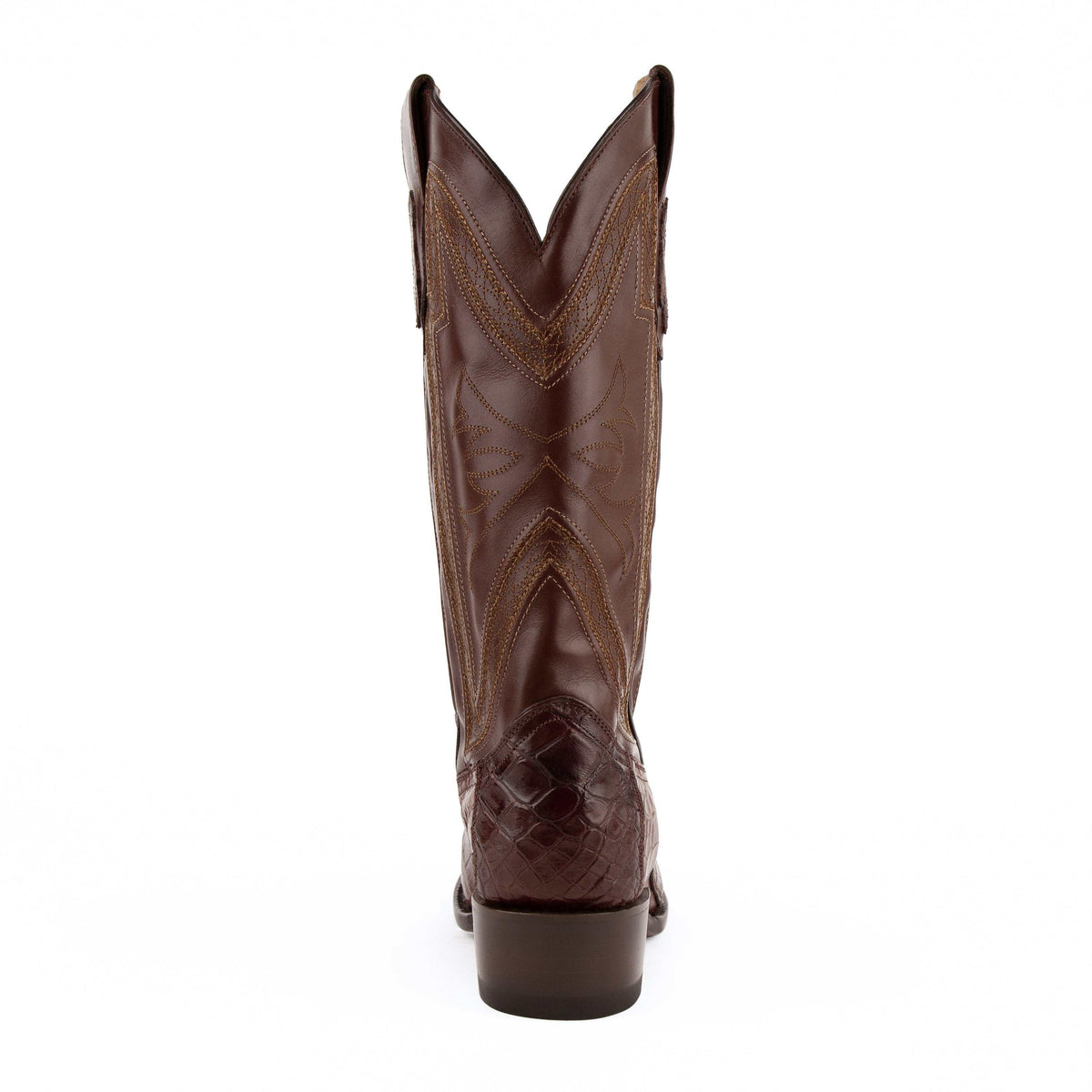 Ferrini Stallion Alligator Belly Boots in chocolate brown, featuring a textured alligator belly vamp and stitched leather shaft