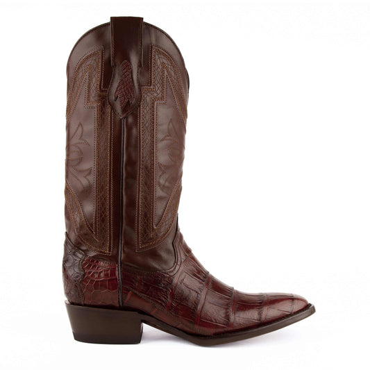 Ferrini Stallion Alligator Belly Boots in chocolate-brown leather with textured alligator belly vamp and stitched shaft