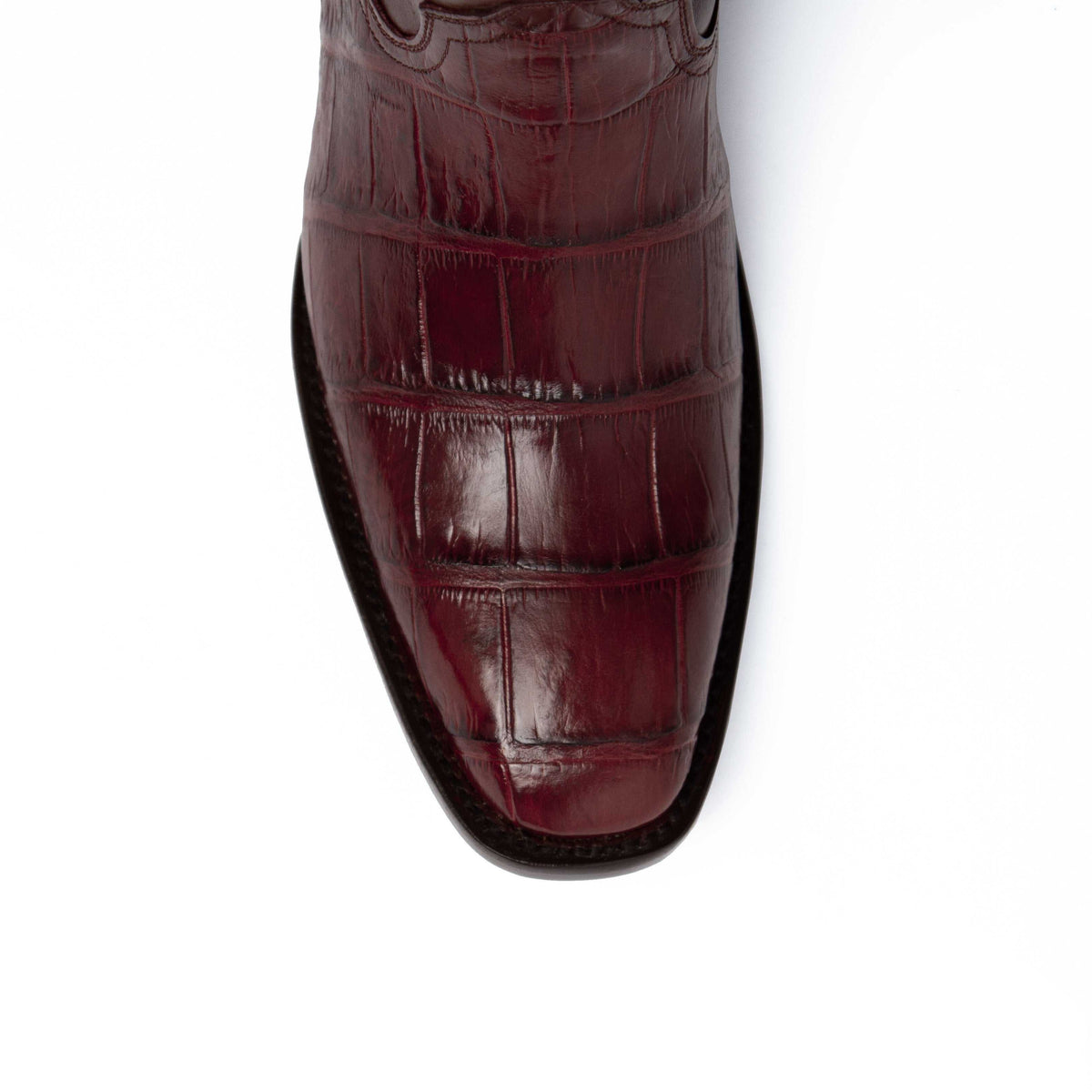 Ferrini Stallion Alligator Belly Boots in deep chocolate leather with glossy, rectangular alligator belly scales and a French toe