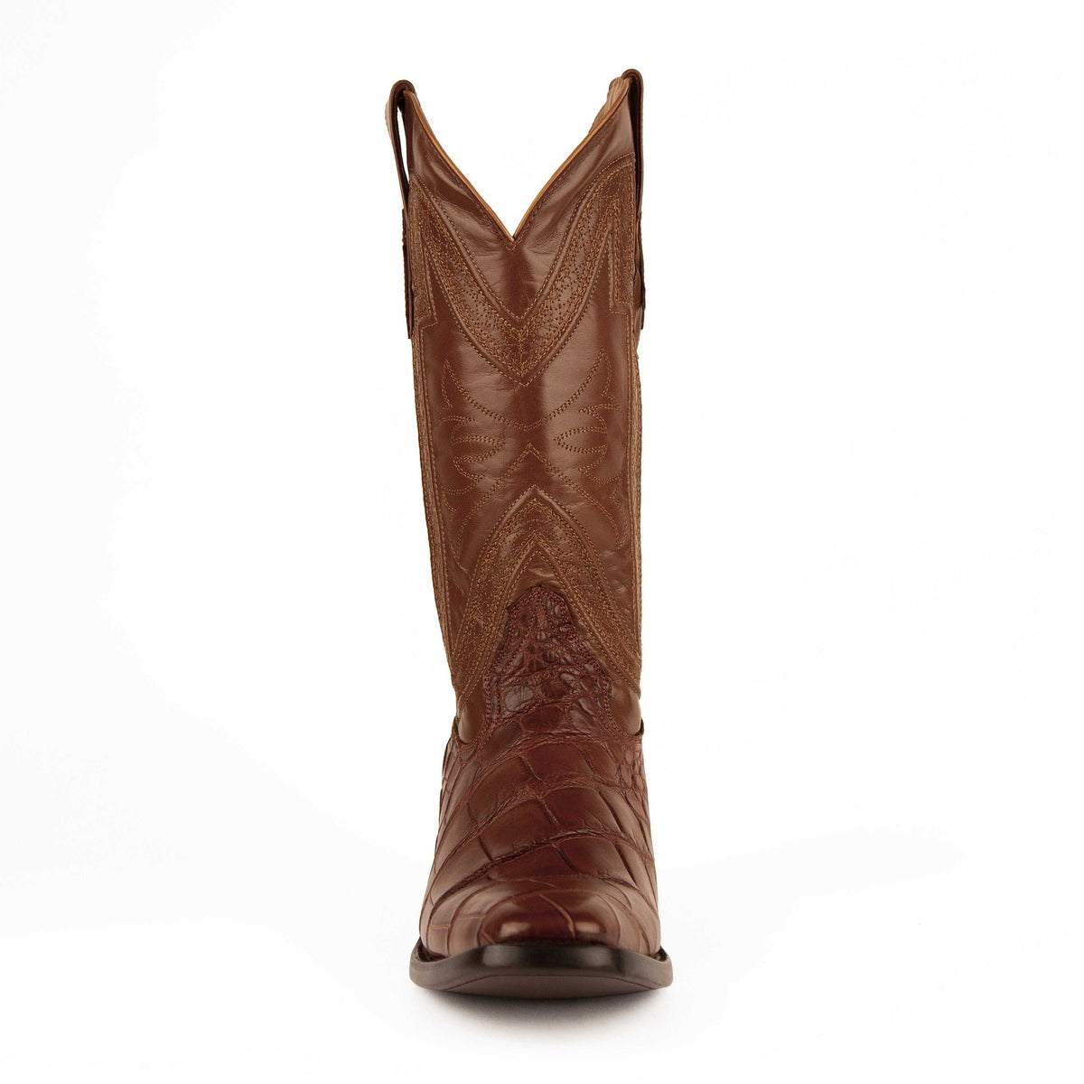 Ferrini Stallion Alligator Belly Boots in cognac brown leather with textured alligator belly vamp and decorative stitching
