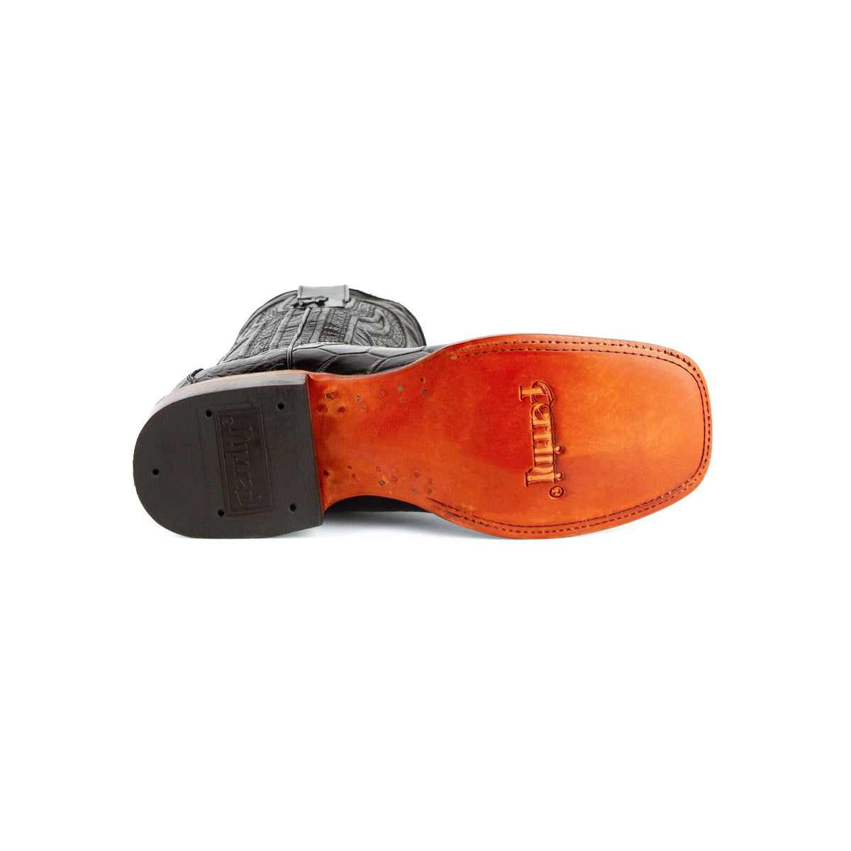 Ferrini Stallion Alligator Belly Boots show an orange-brown leather sole with stitched edges and a black rubber heel.