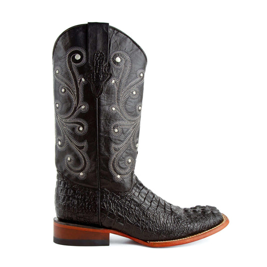 Ferrini Stampede cowboy boot in black embossed leather with textured crocodile-print foot and ornate stitched shaft