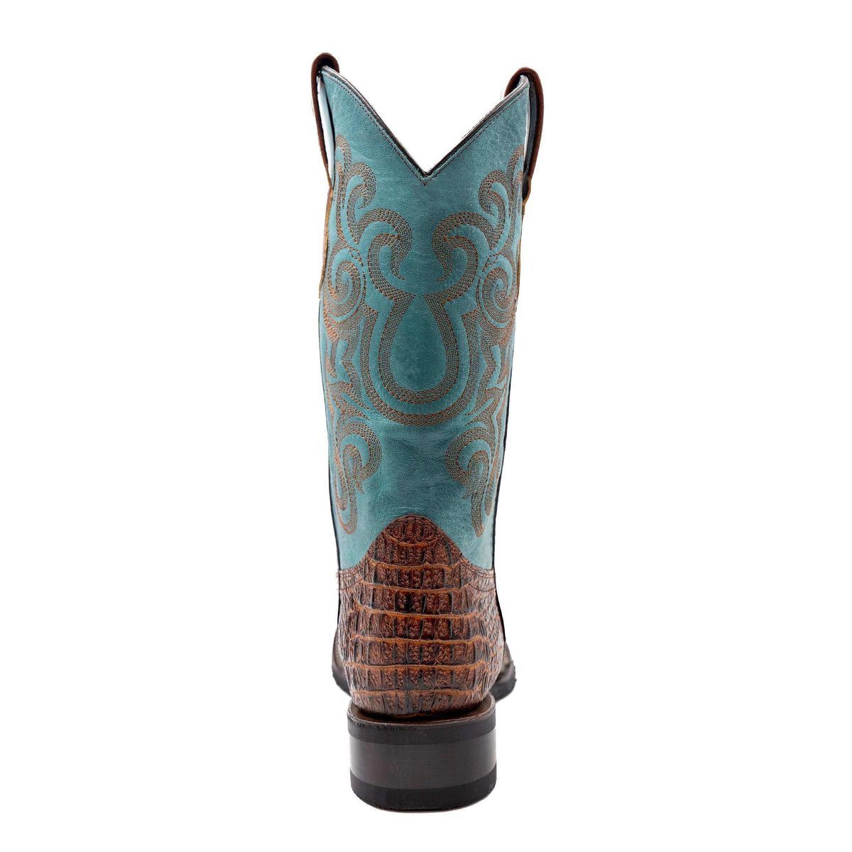 Ferrini Stampede Caiman Crocodile PRINT Boots in turquoise leather with ornate stitching and a rust crocodile-print heel counter.