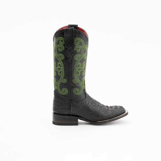Ferrini Stampede Caiman Print Boots in black embossed leather with green scroll embroidery, pointed toe and low block heel