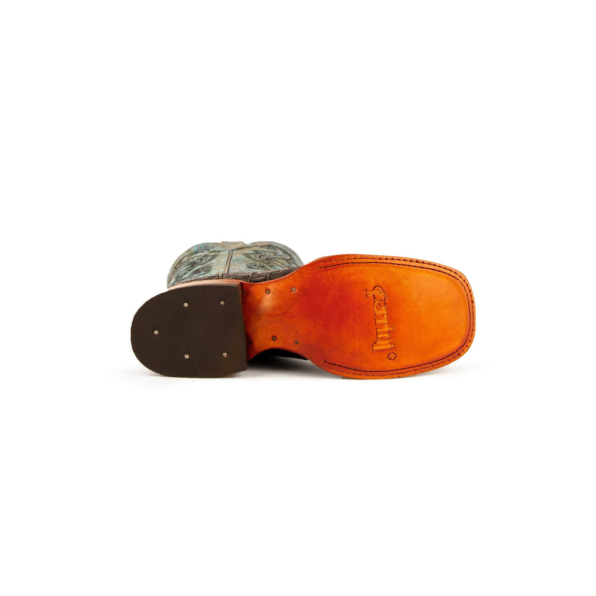 Ferrini Stampede Caiman Print Boots with orange leather outsole and dark rubber heel, showing embossed maker mark
