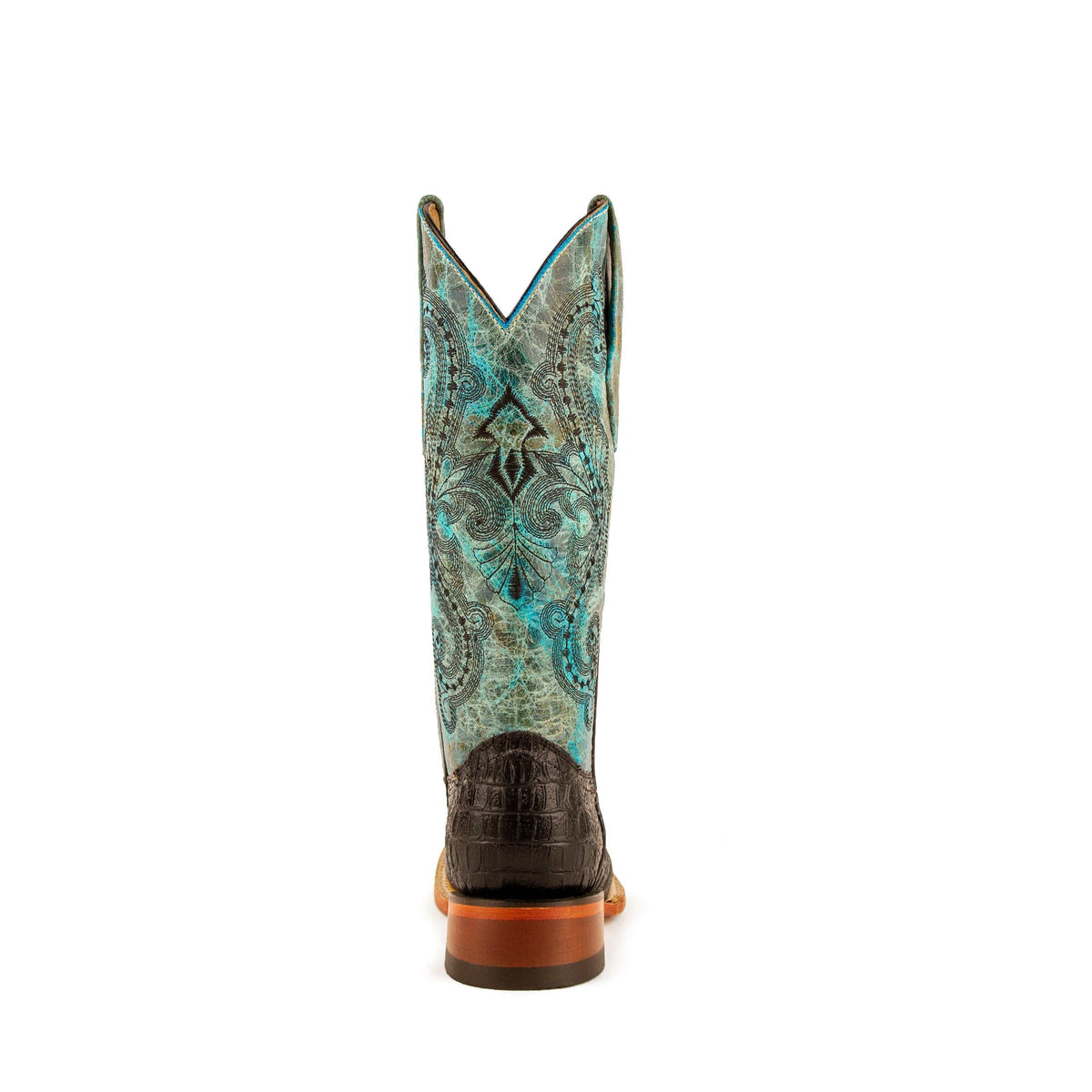 Ferrini Stampede Caiman Print Boots with teal patterned shafts, dark brown caiman-print heels and orange sole accents
