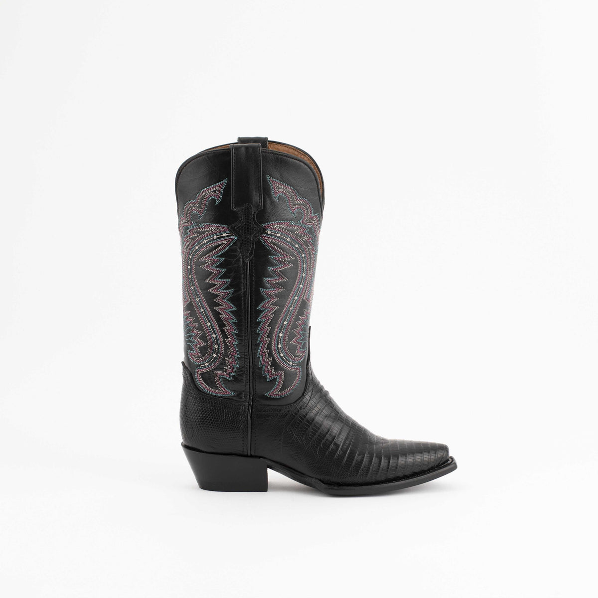 Ferrini Taylor Teju Lizard Boots in black leather with textured lizard vamp, colorful stitched shaft and snipped toe