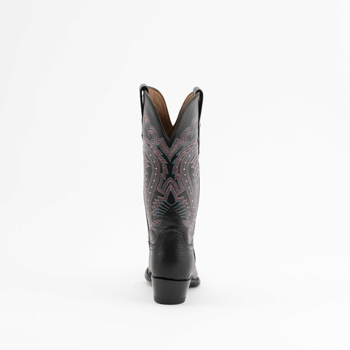 Ferrini Taylor Teju Lizard Boots in black leather with colorful stitched shaft patterns and a low cowboy heel, viewed from behind