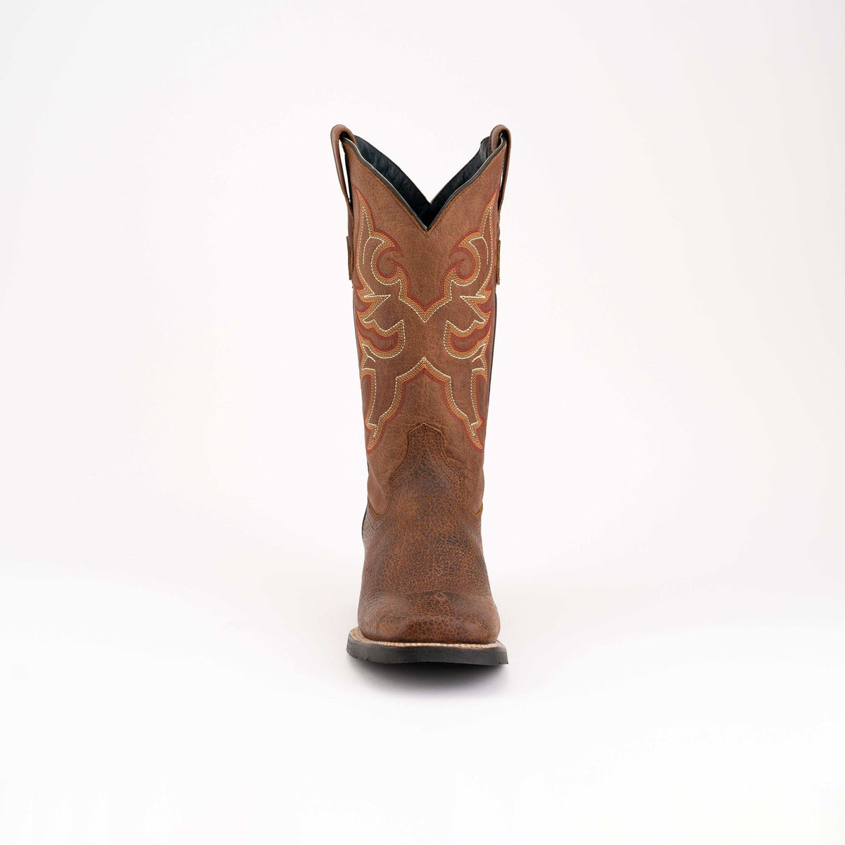 Ferrini Toro Leather Boots in brandy-brown leather, featuring ornate stitched western shaft detailing and a square toe.