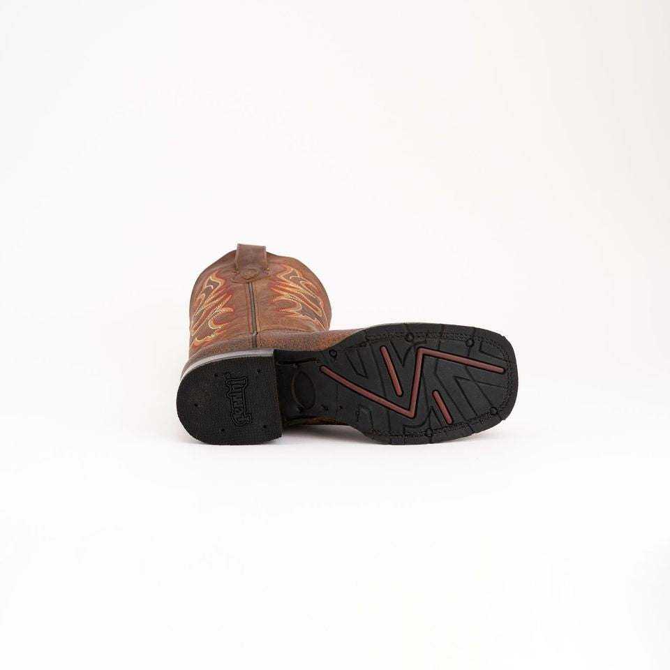 Ferrini Toro Leather Boots in brandy leather with ornate tan shaft stitching, square toe and textured rubber sole